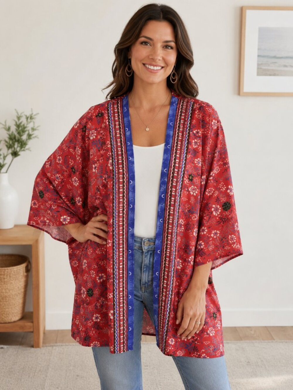 TRUETRUE Coral Floral Kimono Cardigan L/XL Boho Open Front Lightweight Viscose